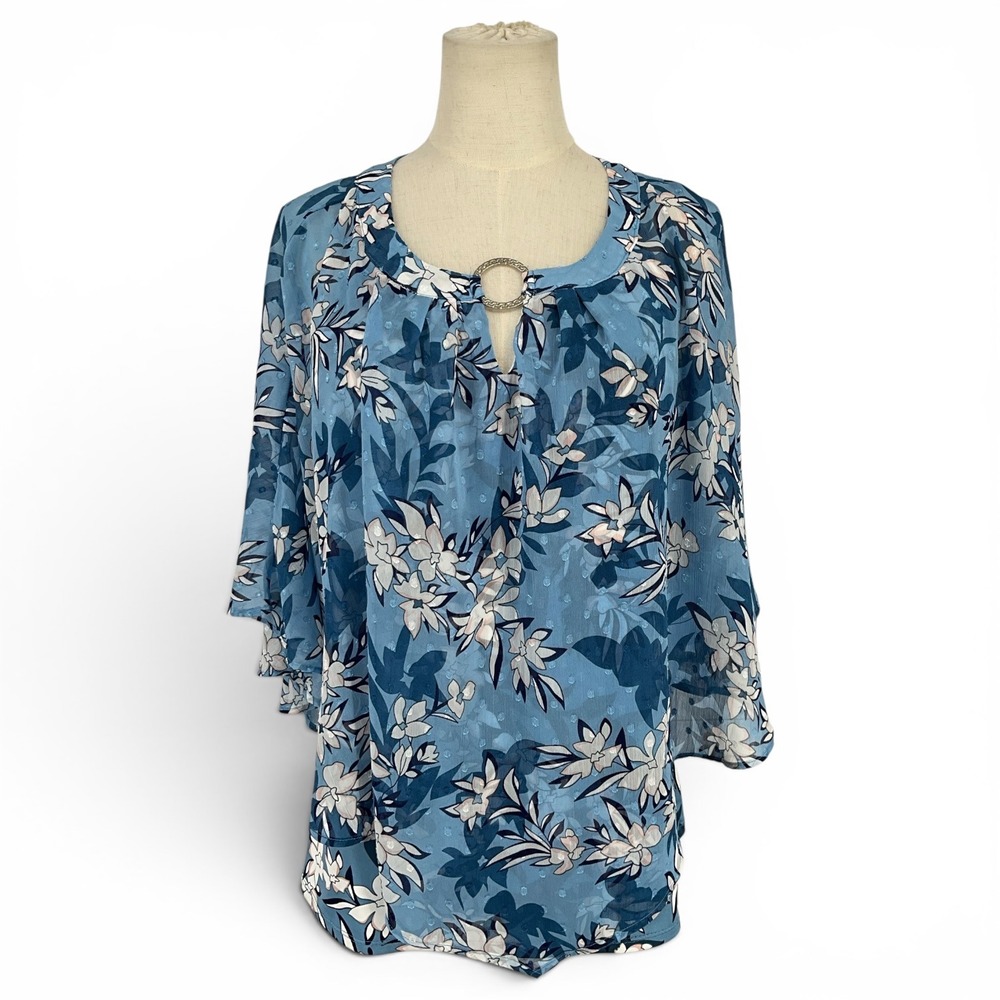 R&M Richards Blue Floral Print Keyhole Neckline Cape‎ Sleeve Blouse Top Fairy L